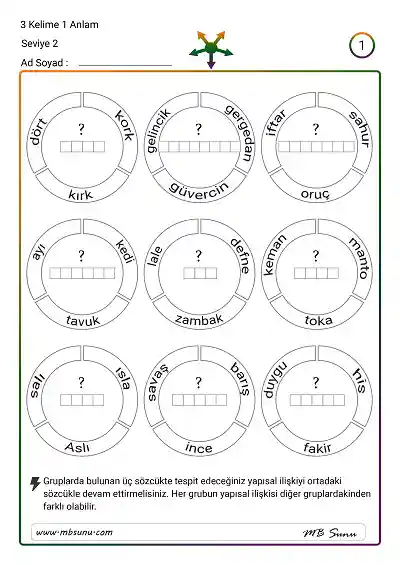 Üç Kelime Bir Anlam - Seviye 2 - Anahtar Sözcük Etkinliği 1