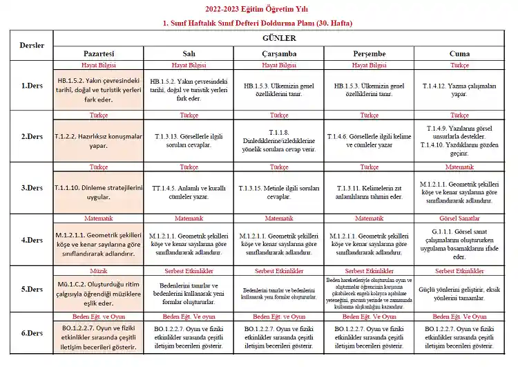 2022-2023 Yılı 1. Sınıf 30. Hafta Sınıf Defteri Doldurma Planı