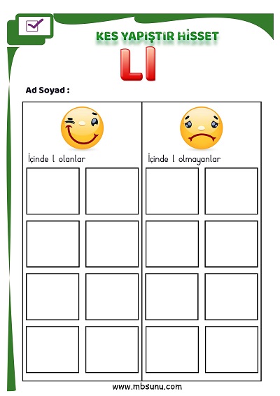 1. Sınıf İlk Okuma L Sesi - Kes Yapıştır Hisset Etkinliği