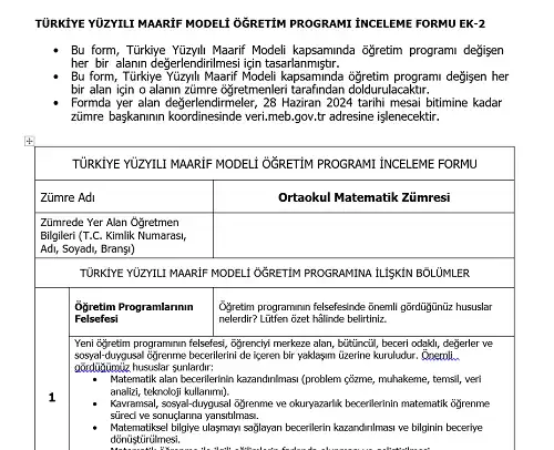 Maarif Modeli Ortaokul Matematik Programı İnceleme Formu Ek-2 (Doldurulmuş Hali)