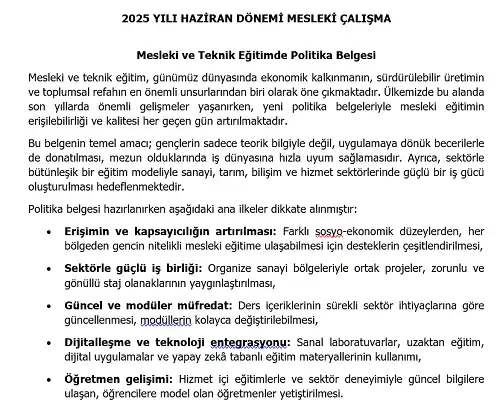 2025 Lise Mesleki Çalışma: Mesleki ve Teknik Eğitimde Politika Belgesi