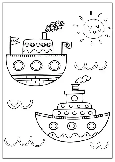 Sevimli güneş ile gemiler boyama sayfası