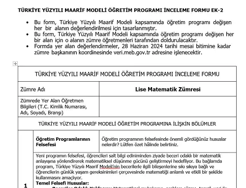 Maarif Modeli Lise Matematik Programı İnceleme Formu Ek-2 (Doldurulmuş Hali)