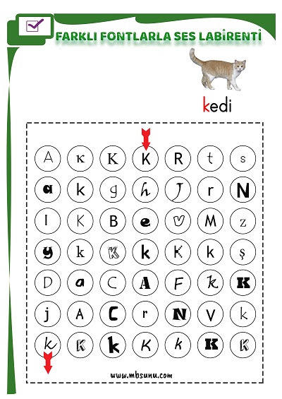 1. Sınıf İlk Okuma Farklı Fontlarla K Sesi Oyunlu Labirent Etkinliği