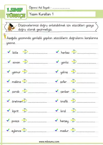 1. Sınıf Türkçe - Yazım Kuralları Etkinliği 1