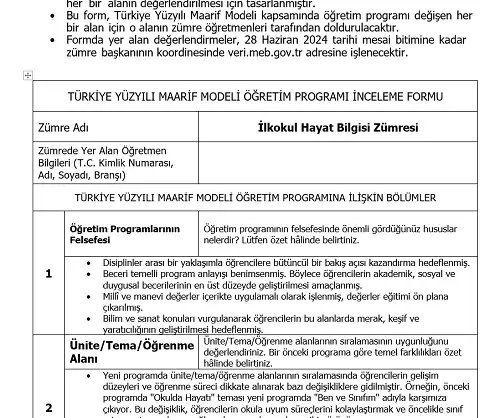 Maarif Modeli İlkokul Hayat Bilgisi Programı İnceleme Formu Ek-2 (Doldurulmuş Hali)