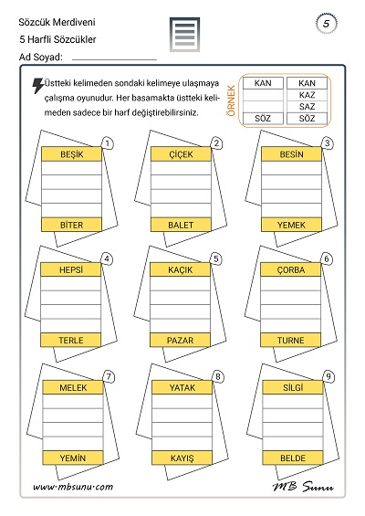 Sözcük Merdiveni Etkinliği - 5 Harfli Sözcükler - 5