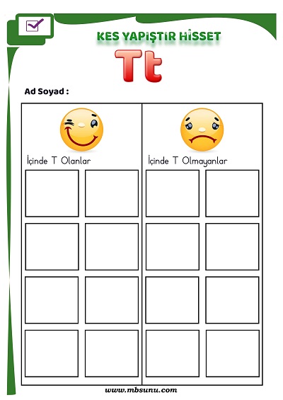 1. Sınıf İlk Okuma T Sesi - Kes Yapıştır Hisset Etkinliği