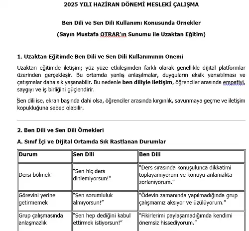 2025 Ortaokul Mesleki Çalışma: Ben Dili ve Sen Dili Kullanımı Konusunda Örnekler