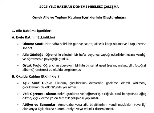 2025 Ortaokul Mesleki Çalışma: Örnek Aile ve Toplum Katılımı İçeriklerinin Oluşturulması
