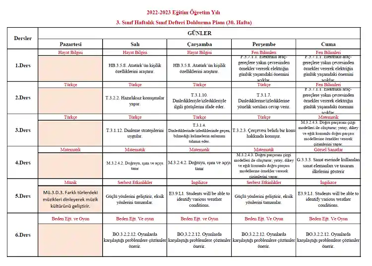 2022-2023 Yılı 3. Sınıf 30. Hafta Sınıf Defteri Doldurma Planı
