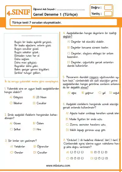 4. Sınıf Sene Sonu Genel Deneme 1