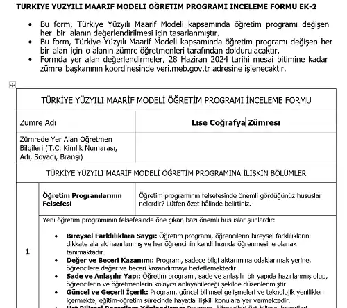 Maarif Modeli Lise Coğrafya Programı İnceleme Formu Ek-2 (Doldurulmuş Hali)