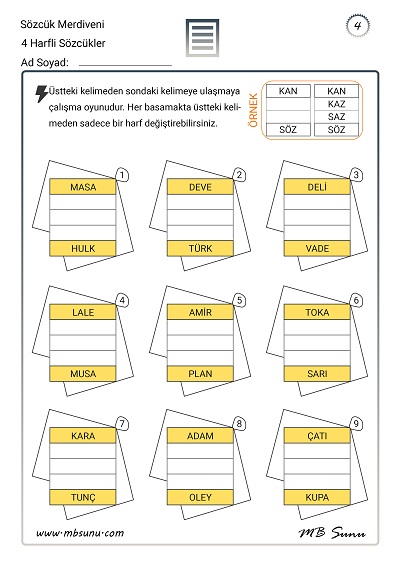 Sözcük Merdiveni Etkinliği - 4 Harfli Sözcükler - 4