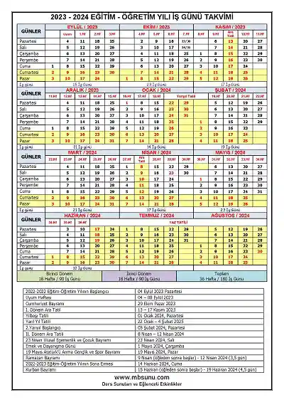 2023 - 2024 Eğitim Öğretim Yılı İş Günü Takvimi