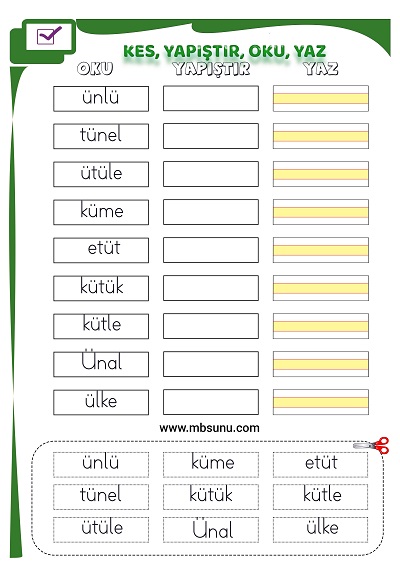 1. Sınıf İlk Okuma Ü Sesi - Kes Yapıştır Oku Yaz Etkinliği