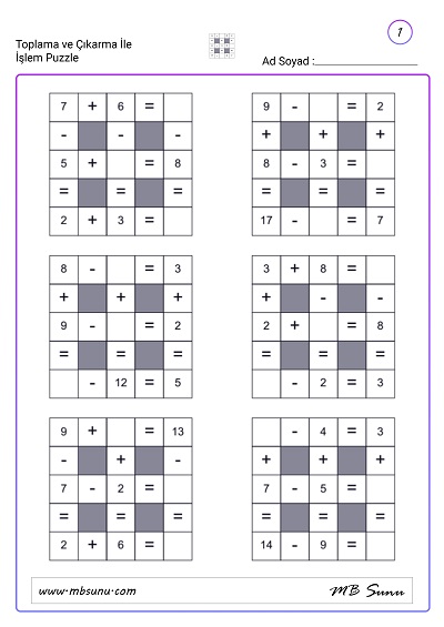 1. Sınıf Matematik - Toplama ve Çıkarma İle İşlem Puzzle Etkinlikleri