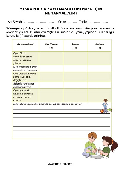 4.Sınıf Beden Eğitimi ve Oyun - Mikropların Yayılmasını Önlemek İçin Ne Yapmalıyım Formu