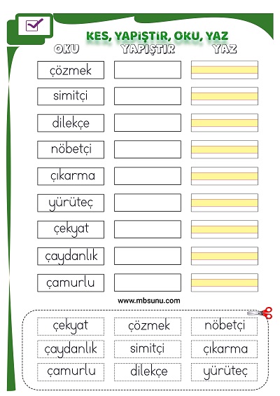 1. Sınıf İlk Okuma Ç Sesi - Kes Yapıştır Oku Yaz Etkinliği