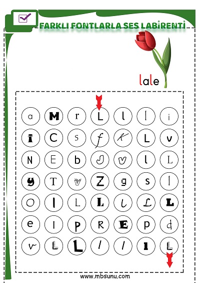 1. Sınıf İlk Okuma Farklı Fontlarla L Sesi Oyunlu Labirent Etkinliği