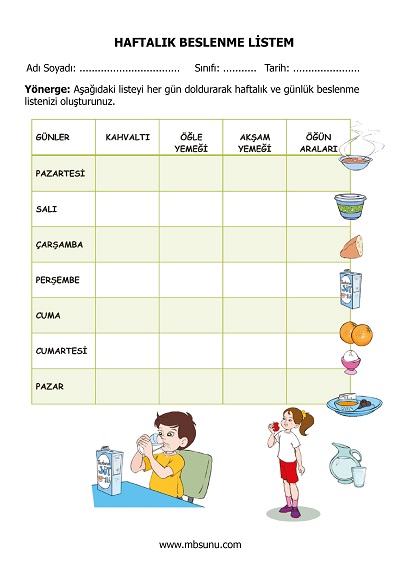 4.Sınıf Beden Eğitimi ve Oyun - Haftalık Beslenme Listem Formu