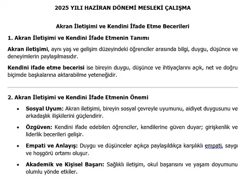 2025 Lise Mesleki Çalışma: Akran İletişimi ve Kendini İfade Etme Becerileri