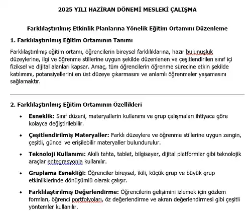 2025 Lise Mesleki Çalışma: Farklılaştırılmış Etkinlik Planlarına Yönelik Eğitim Ortamını Düzenleme