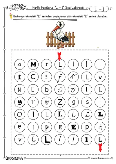 1. Sınıf Farklı Fontlarla L Sesi Labirent Bulmaca Etkinliği