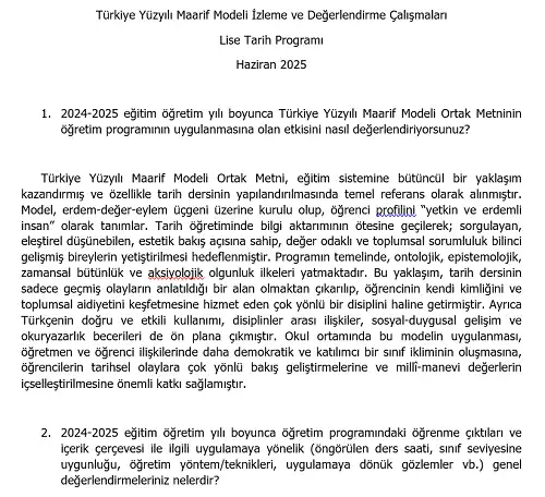 Türkiye Yüzyılı Maarif Modeli İzleme ve Değerlendirme Çalışmaları - Lise Tarih Programı