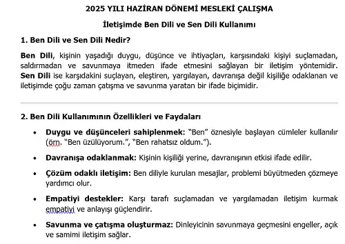 2025 Ortaokul Mesleki Çalışma: İletişimde Ben Dili ve Sen Dili Kullanımı