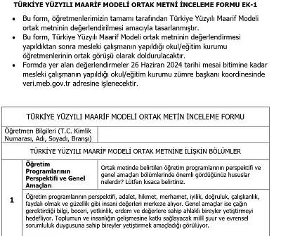 Maarif Modeli Ortak Metni İnceleme Formu Ek-1 (Doldurulmuş Hali)