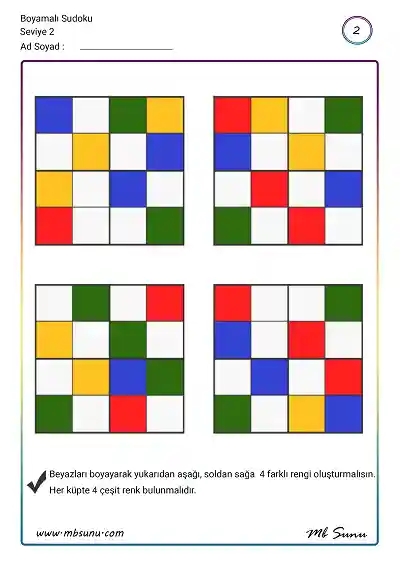 Çocuklar İçin Boyamalı Sudoku Etkinlikleri - Seviye 2