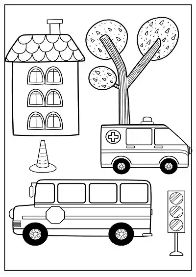 Evler arasında otobüs boyama sayfası