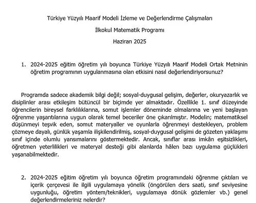 Türkiye Yüzyılı Maarif Modeli İzleme ve Değerlendirme Çalışmaları - İlkokul Matematik Programı