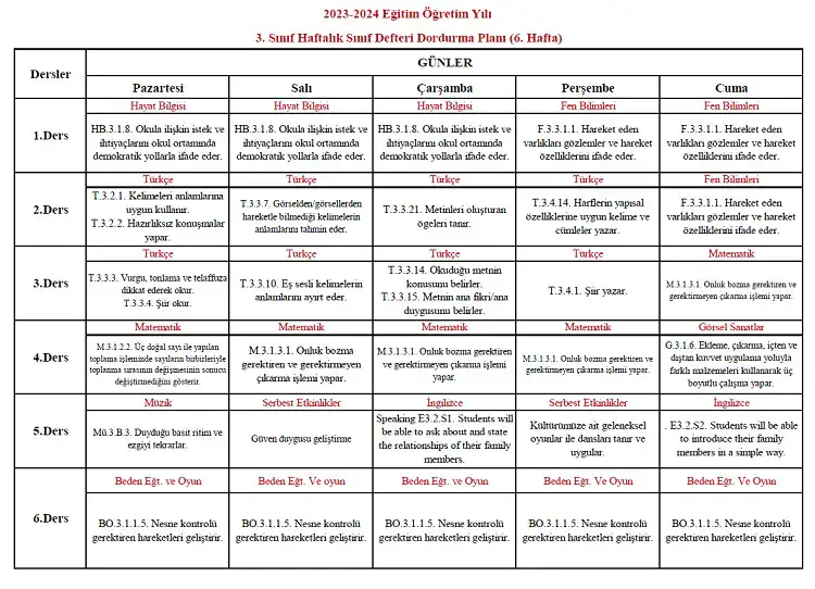 2023-2024 Yılı 3. Sınıf 6. Hafta Sınıf Defteri Doldurma Planı