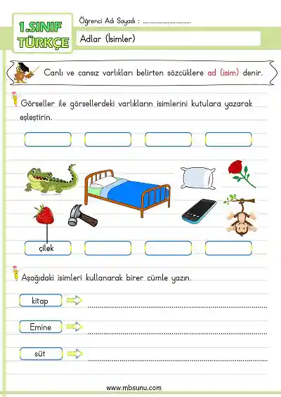 1. Sınıf Türkçe - Adlar (İsimler) Etkinliği