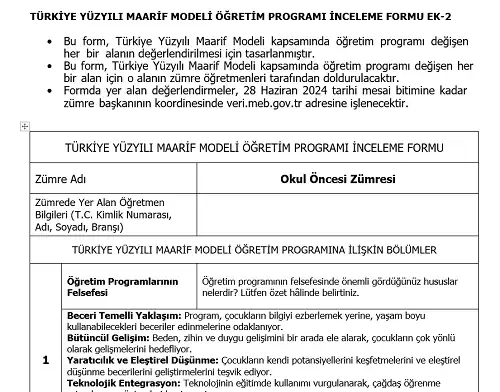 Maarif Modeli Okul Öncesi Eğitim Programı İnceleme Formu Ek-2 (Doldurulmuş Hali)