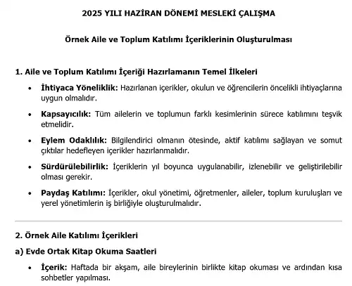 2025 Lise Mesleki Çalışma: Örnek Aile ve Toplum Katılımı İçeriklerinin Oluşturulması