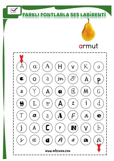 1. Sınıf İlk Okuma Farklı Fontlarla A Sesi Oyunlu Labirent Etkinliği