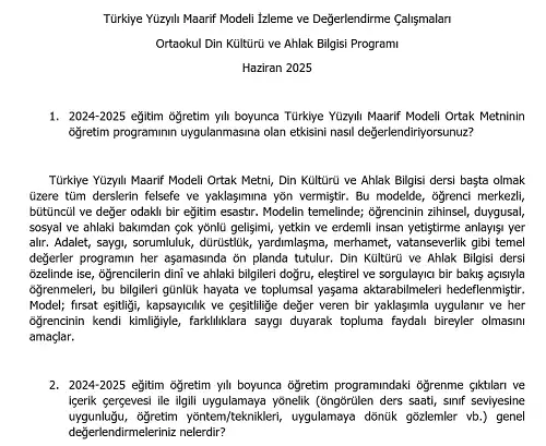 Türkiye Yüzyılı Maarif Modeli İzleme ve Değerlendirme Çalışmaları - Ortaokul Din Kültürü ve Ahlak Bilgisi Programı