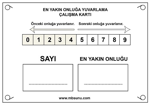 3. Sınıf Matematik - En Yakın Onluğa Yuvarlama Çalışma Kartı