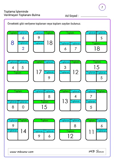 1. Sınıf Matematik - Toplama İşleminde Verilmeyen Toplananı Bulma Etkinlikleri