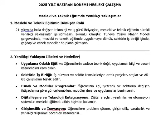 2025 Lise Mesleki Çalışma: Mesleki ve Teknik Eğitimde Yenilikçi Yaklaşımlar