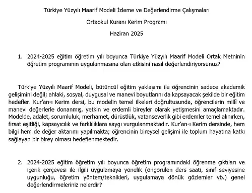 Türkiye Yüzyılı Maarif Modeli İzleme ve Değerlendirme Çalışmaları - Ortaokul Kuranı Kerim Programı