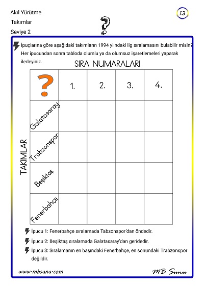 Seviye 2 - Akıl Yürütme Zeka Etkinliği 13 - Takımlar