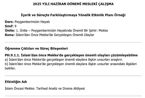 2025 Lise Mesleki Çalışma: İçerik ve Süreçte Farklılaştırmaya Yönelik Peygamberimizin Hayatı Etkinlik Planı Örneği