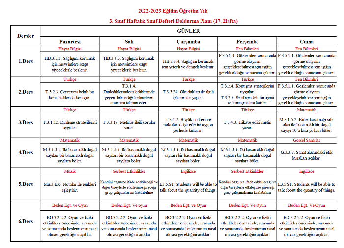 2022-2023 Yılı 3. Sınıf 17. Hafta Sınıf Defteri Doldurma Planı