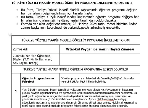 Maarif Modeli Ortaokul Peygamberimizin Hayatı Programı İnceleme Formu Ek-2 (Doldurulmuş Hali)