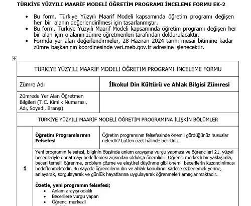 Maarif Modeli İlkokul Din Kültürü ve Ahlak Bilgisi Programı İnceleme Formu Ek-2 (Doldurulmuş Hali)