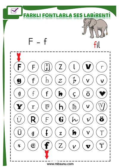 1. Sınıf İlk Okuma Farklı Fontlarla F Sesi Oyunlu Labirent Etkinliği